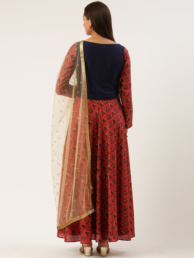 Bollywood Vogue Ready To Wear Pink N Blue Printed Jacket Anarkali Suit