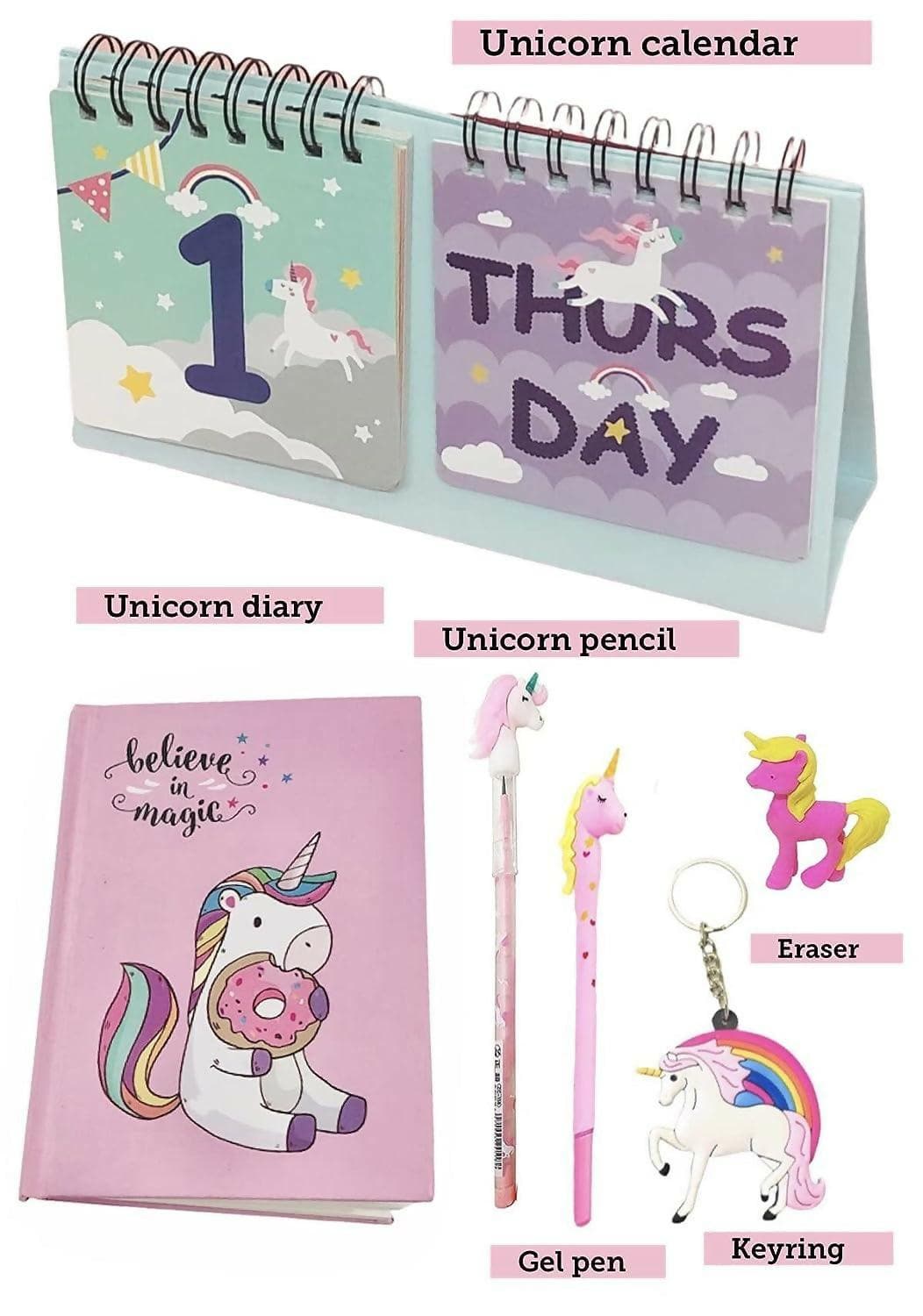 Unicorn Diary , Calendar , Pencil , Eraser , Gel Pen , Keychain - HalfPe