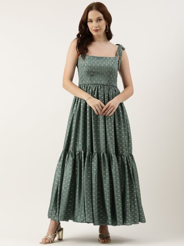 Bollywood Vogue Ready To Wear Green Chinon Foil Printed Maxi Dress