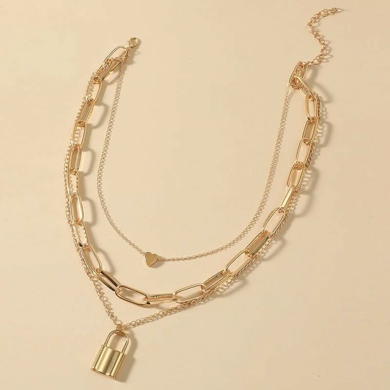 Triple Layered Heart And Lock Pendant Choker Necklace pinapes