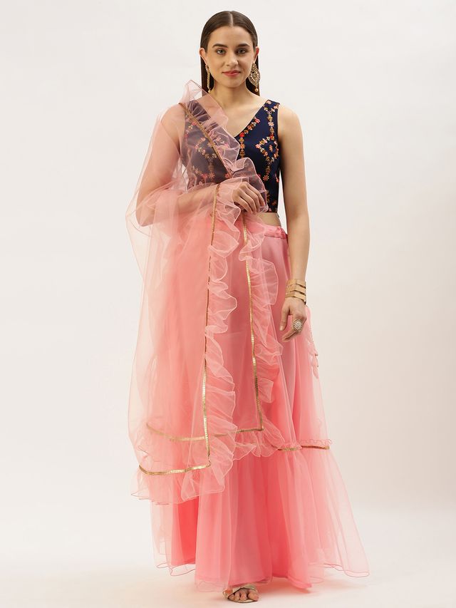 Bollywood Vogue Ready To Wear Royal Blue and Pink Embroidered Lehenga Set