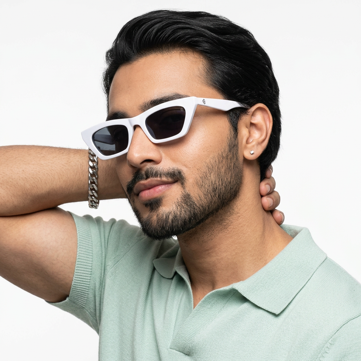 Eyejack White Cateye Sunglasses for Men and Women - Style 1229 - worn by a male model (image 3)