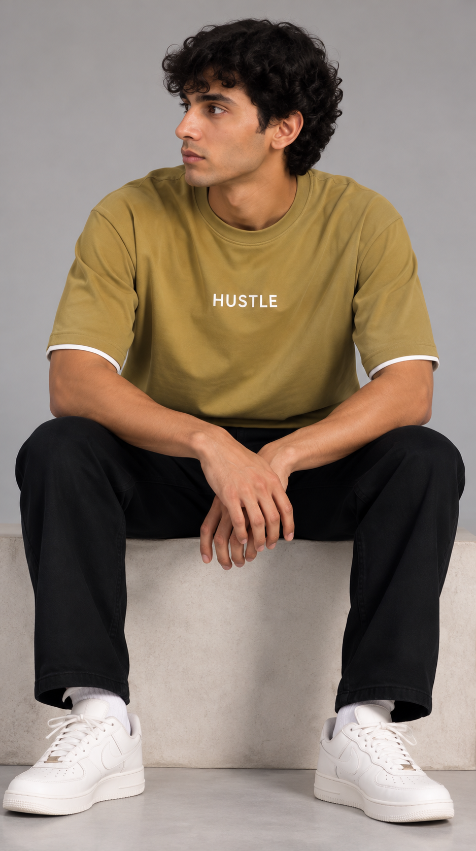 HUSTLE Men's Crew Neck Oversized T-Shirt – Golden Olive