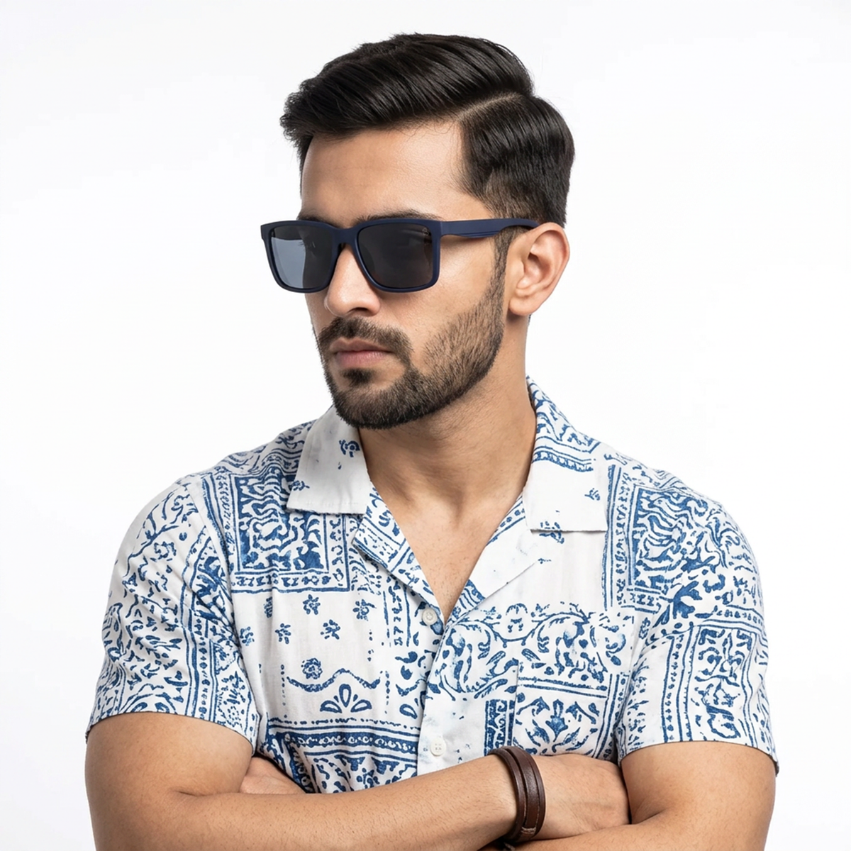 Eyejack Navy Blue Wayfarer Sunglasses for Men and Women - worn by a male model (image 1)