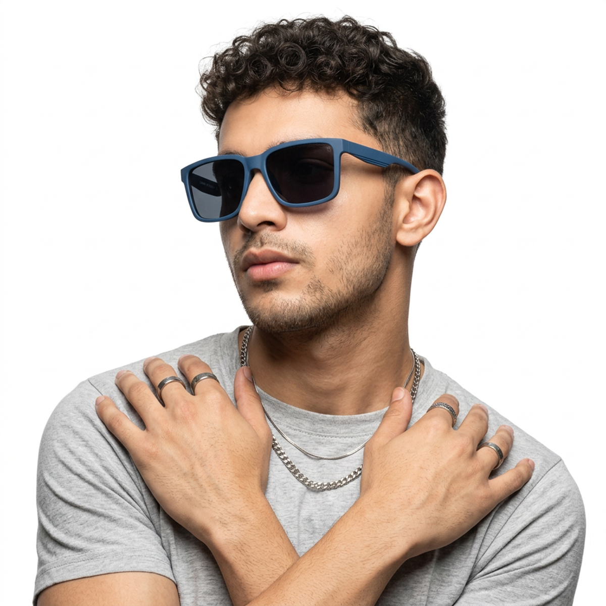 Eyejack Blue Wayfarer Sunglasses for Men and Women - Style 1241 - worn by a male model (image 1)
