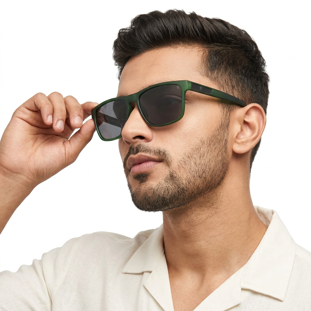 Eyejack Dark Green Wayfarer Sunglasses for Men and Women - worn by a male model (image 1)