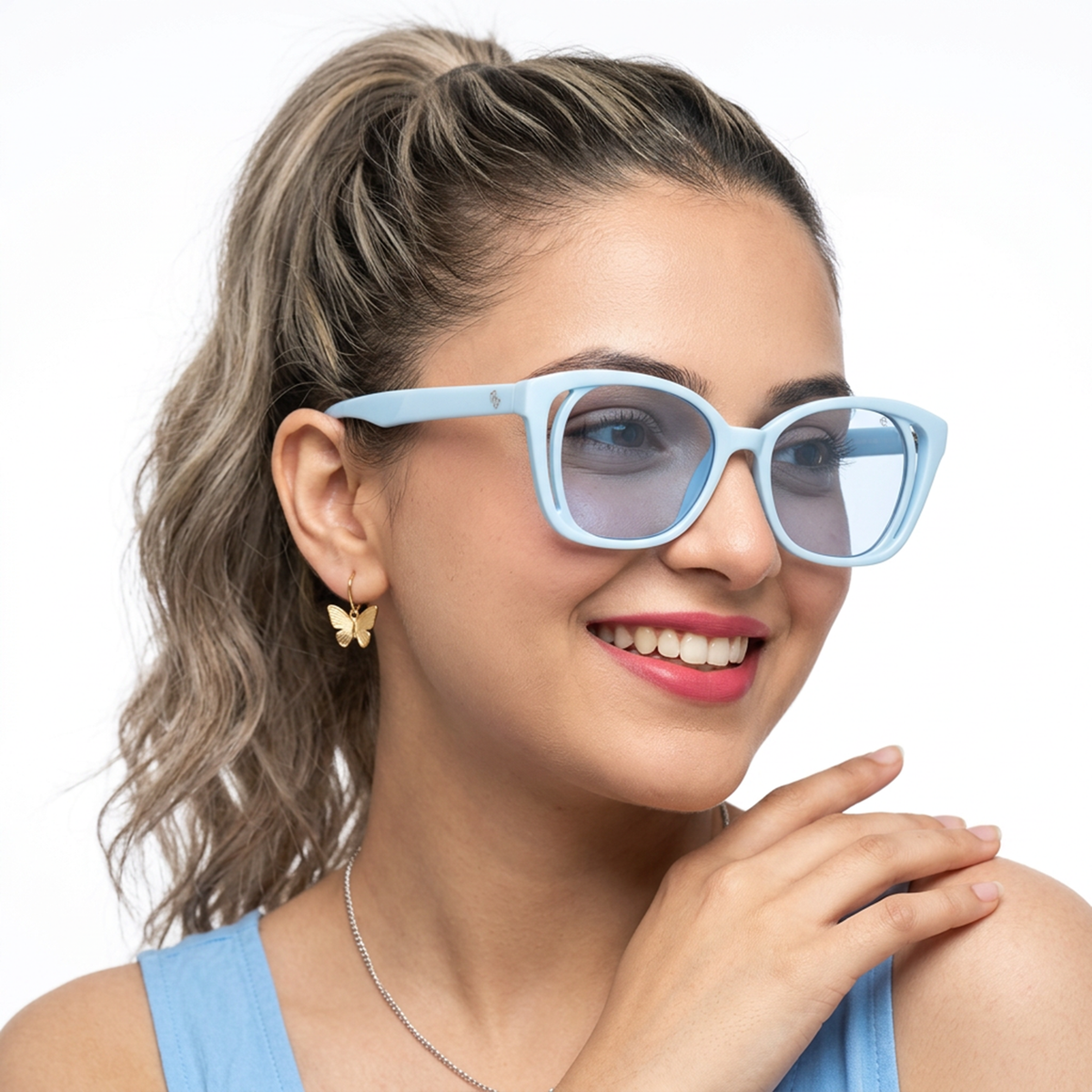 Eyejack Sky Blue Round Sunglasses for Men and Women - worn by a male model (image 1)