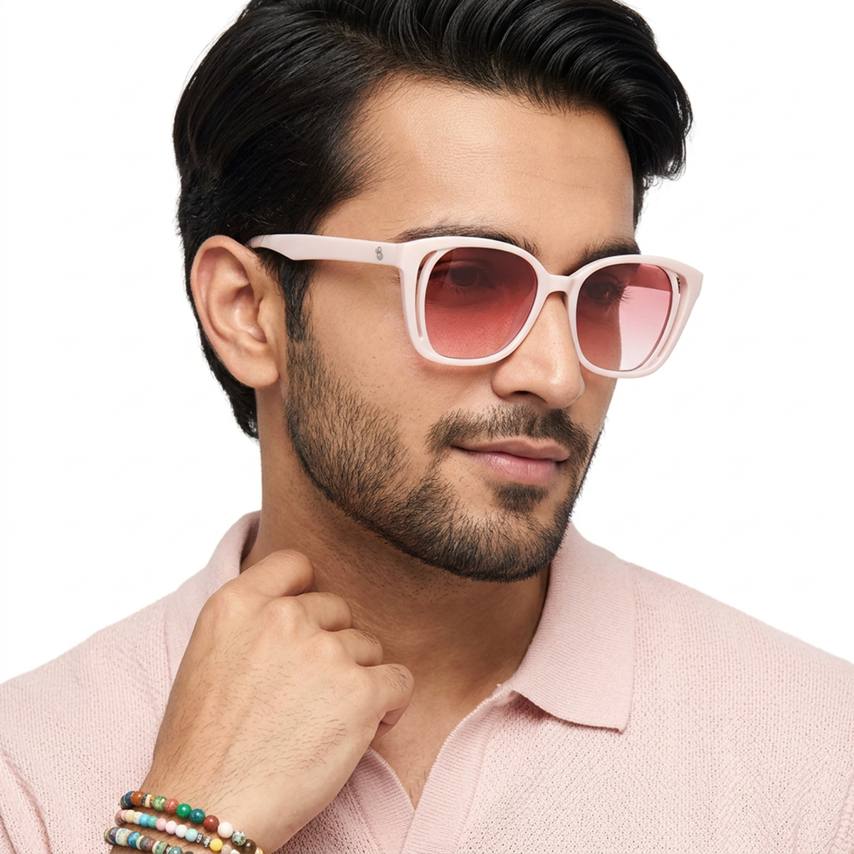 Eyejack Light Pink Round Sunglasses for Men and Women - worn by a male model (image 3)
