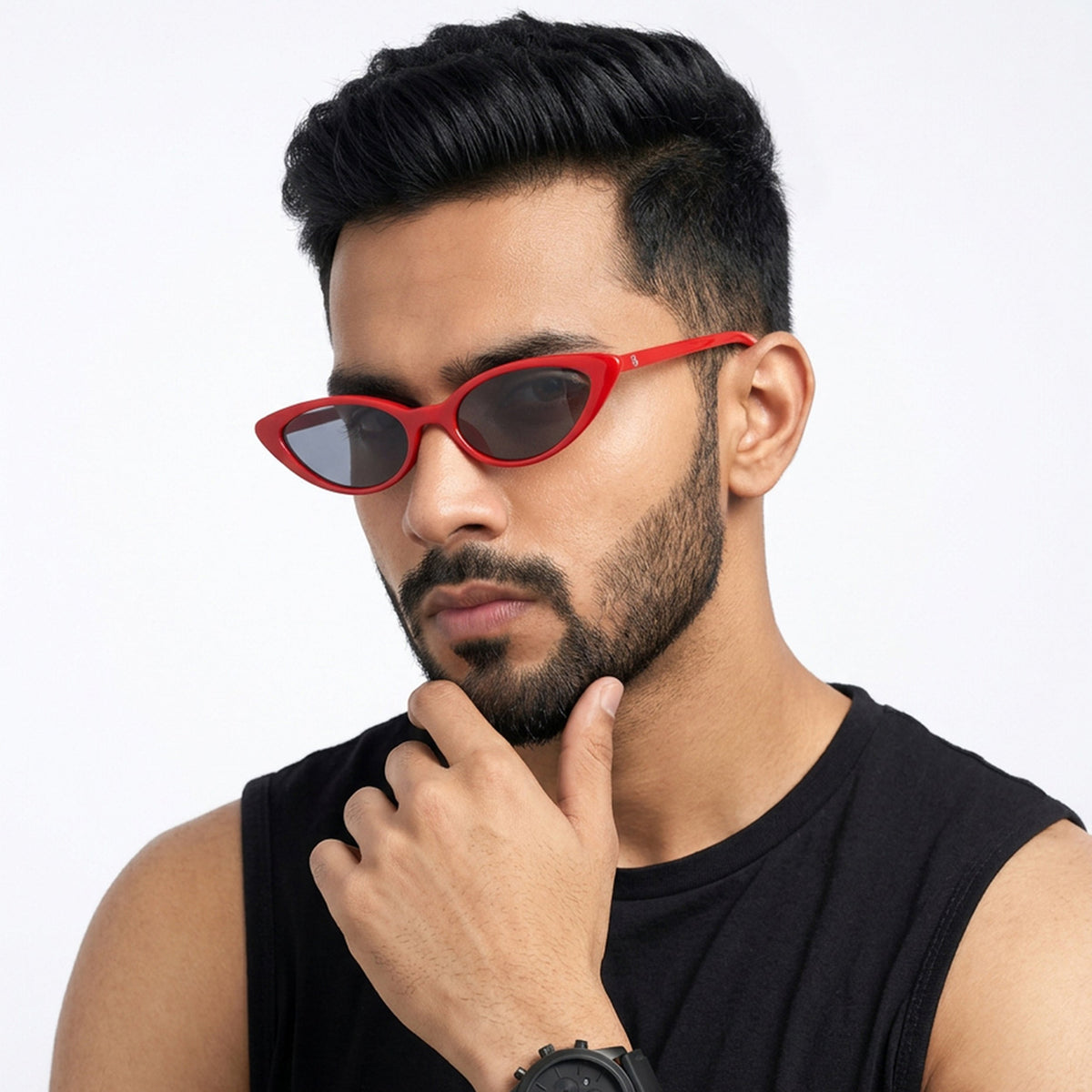 Eyejack Red Cateye Sunglasses for Men and Women - worn by a male model (image 3)