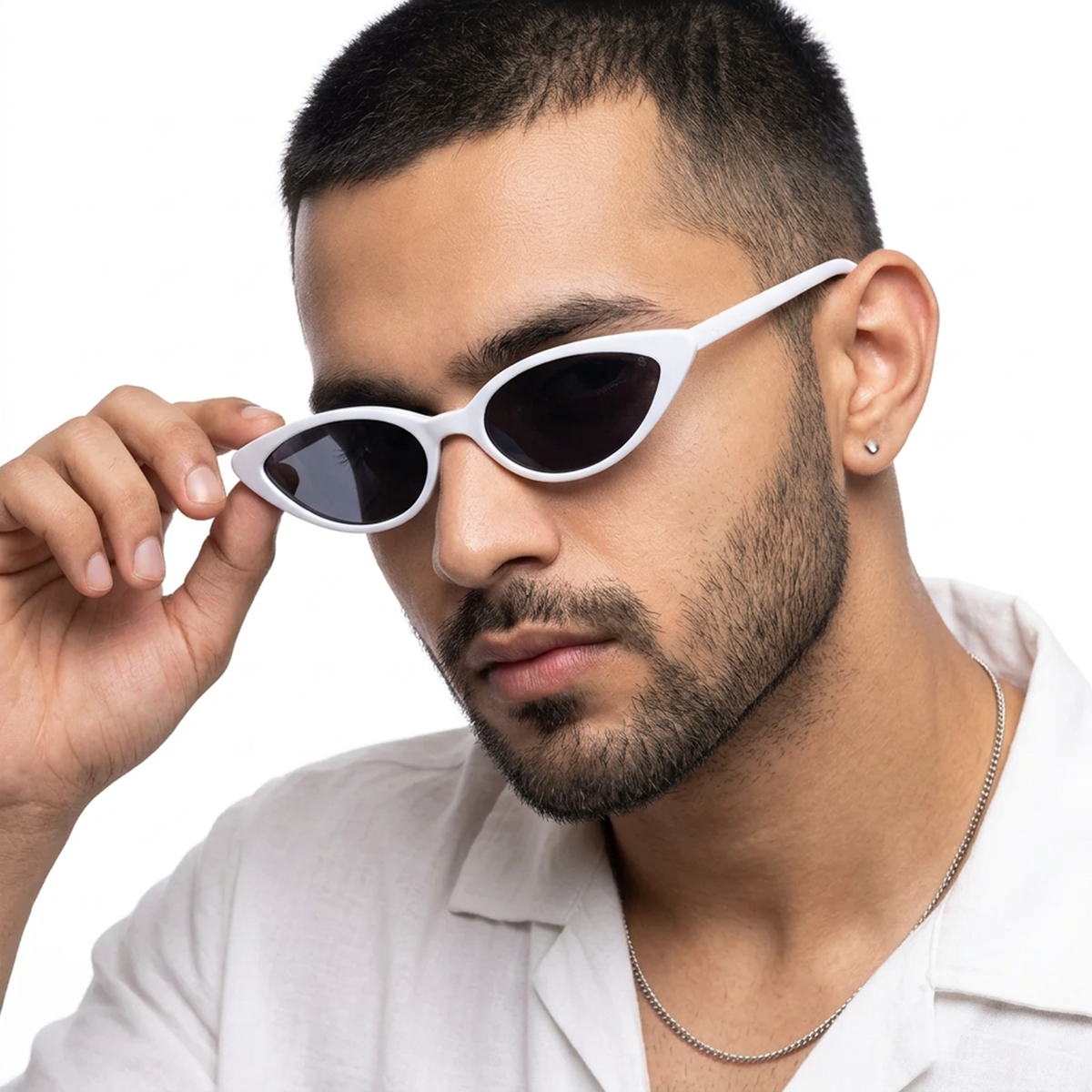 Eyejack White Cateye Sunglasses for Men and Women - Style 1234 - worn by a male model (image 3)