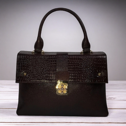Croc-Texture PU Leather Handbag – Elegant Structured with Gold Lock