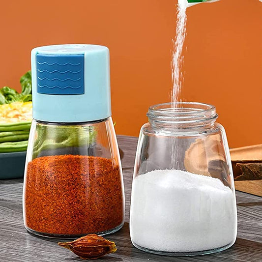 Measuring Salt Control Seasoning Bottle Metering Salt Dispenser Air-Tight Clear Glass Spice Shaker with Press Button (1 Piece)