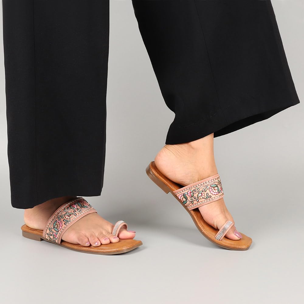 Indifeet Ethnic Toe Ring Flats for Women - Peach - View 4
