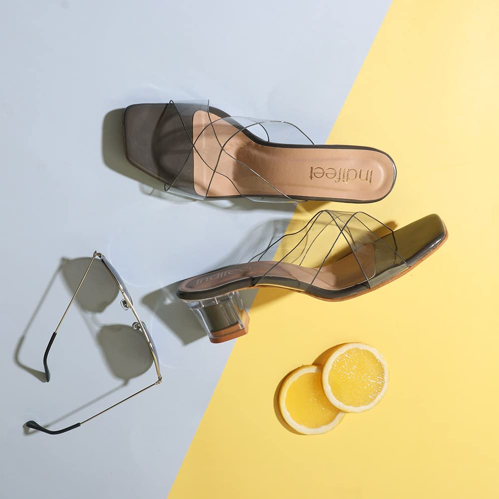 Indifeet Transparent Cross Strap Block Heels - Grey - View 2