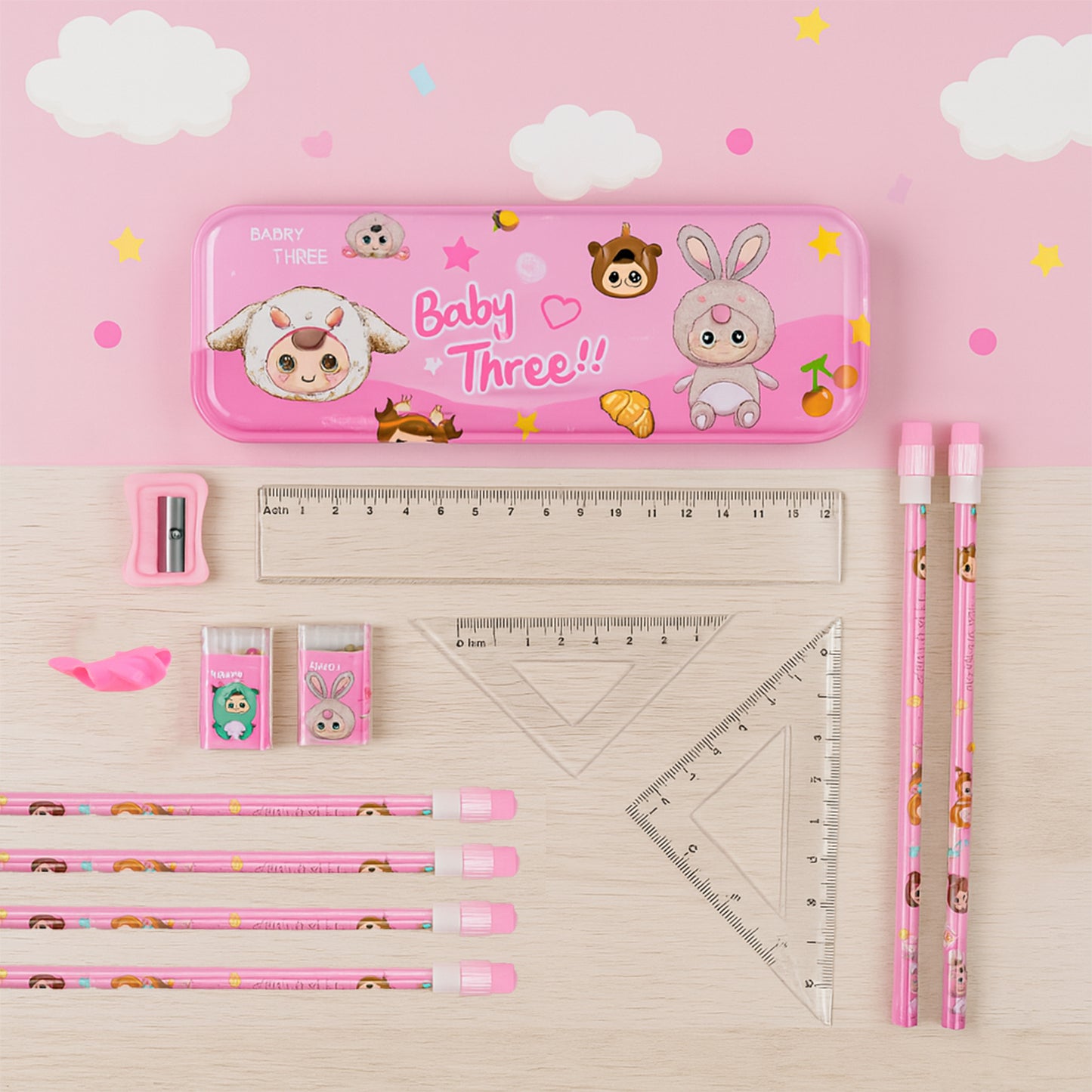 Cartoon Stationery Gift Set for Kids of Includes Metal Pencil Box, 6 Pencils, 2 Erasers, Sharpener, Ruler, 2 Square & More  (14 Pc)