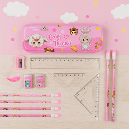 Cartoon Stationery Gift Set for Kids of Includes Metal Pencil Box, 6 Pencils, 2 Erasers, Sharpener, Ruler, 2 Square & More  (14 Pc)