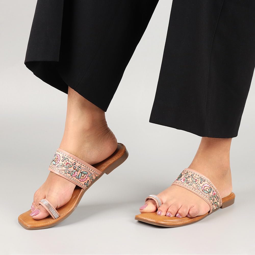 Indifeet Ethnic Toe Ring Flats for Women - Peach - View 3