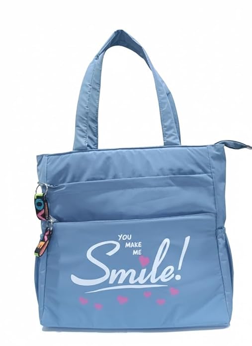 Buddy Cares Smile Shoulder Bag for Women – Tote Bag with "You Make Me Smile" Print – Sky blue