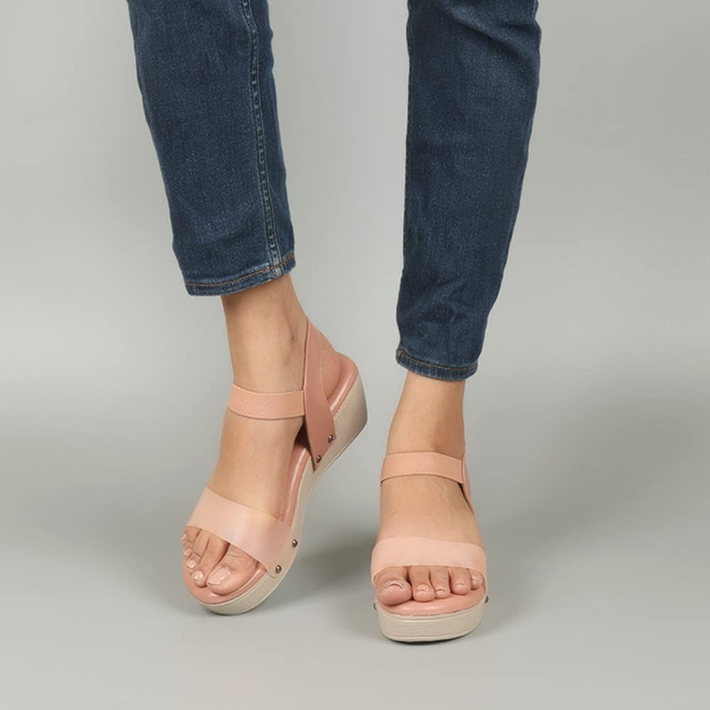 Indifeet Ankle Strap Platform Wedge Heel Sandals - Peach - View 3