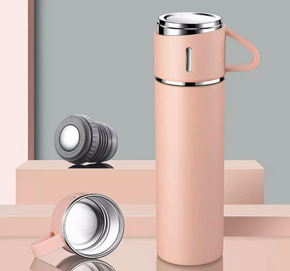 Insulated Double Wall Stainless Steel Tea & Coffee Flask With 3 Cups, Hot & Cold Thermal Bottle (Peach Color)