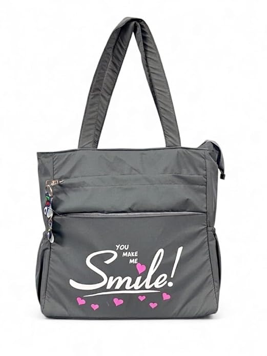Buddy Cares Smile Shoulder Bag for Women – Tote Bag with "You Make Me Smile" Print – Grey