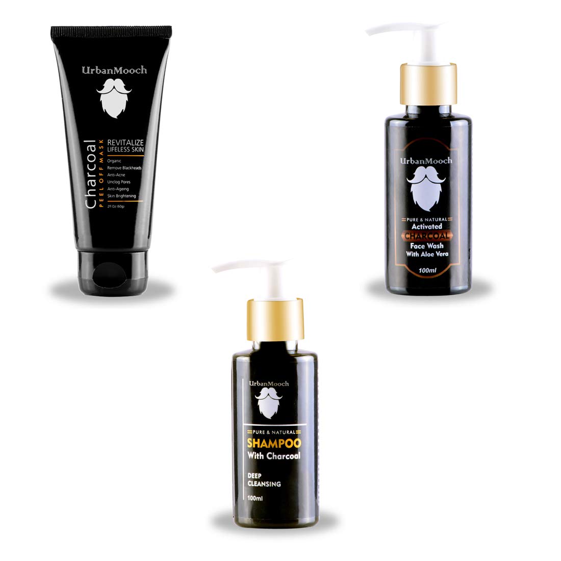 UrbanMooch 3 in 1 Activated Charcoal Kit (Charcoal Peel Off Mask + Charcoal Face Wash + Charcoal Shampoo) For Blackheads Removal, Dirt Removal, Skin Brightening & Shining Hair Lohiya Retails