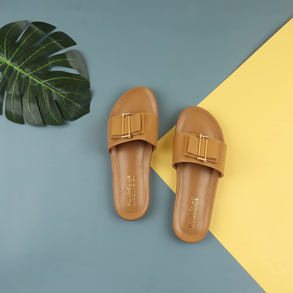 Indifeet Flat Buckle Sliders for Women - Mustard - View 2