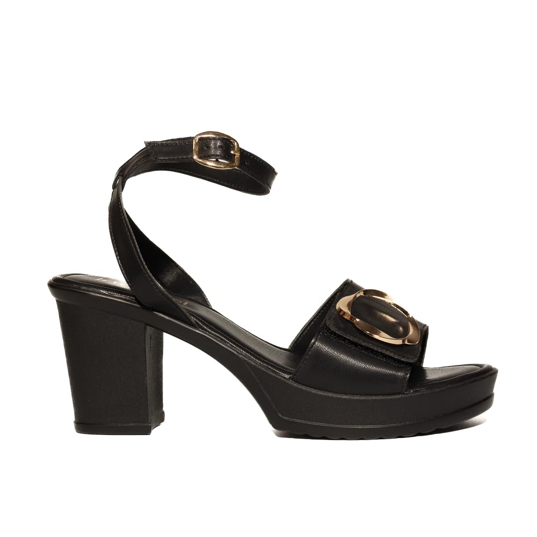 Indifeet Women’s Black Block Heel Sandals with Velcro Flap & Gold Buckle - Black - Size 8