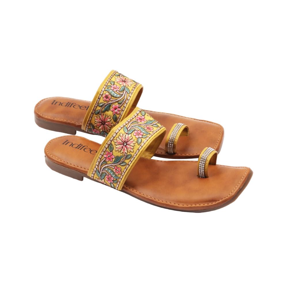 Indifeet Ethnic Toe Ring Flats for Women - Yellow - View 5