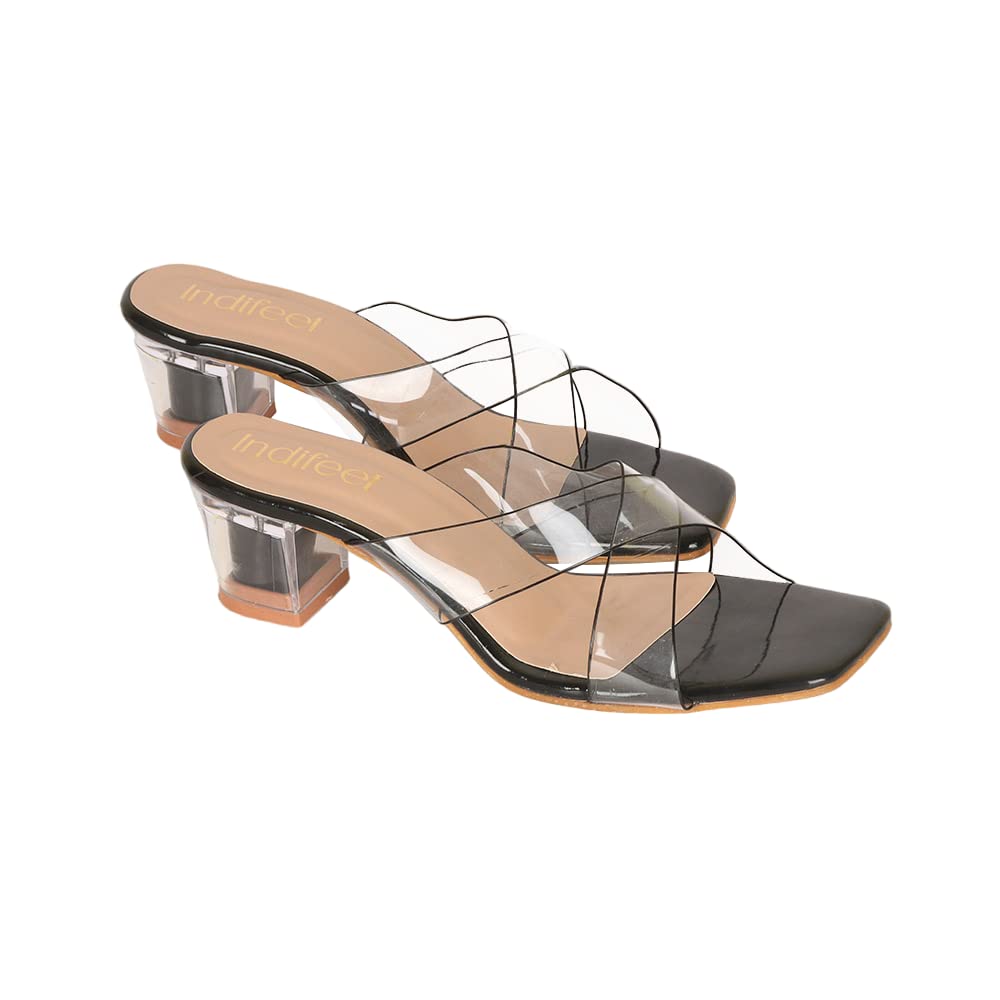 Indifeet Transparent Cross Strap Block Heels - Black - View 5