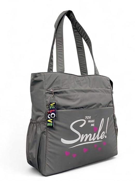 Buddy Cares Smile Shoulder Bag for Women – Tote Bag with "You Make Me Smile" Print – Detail View
