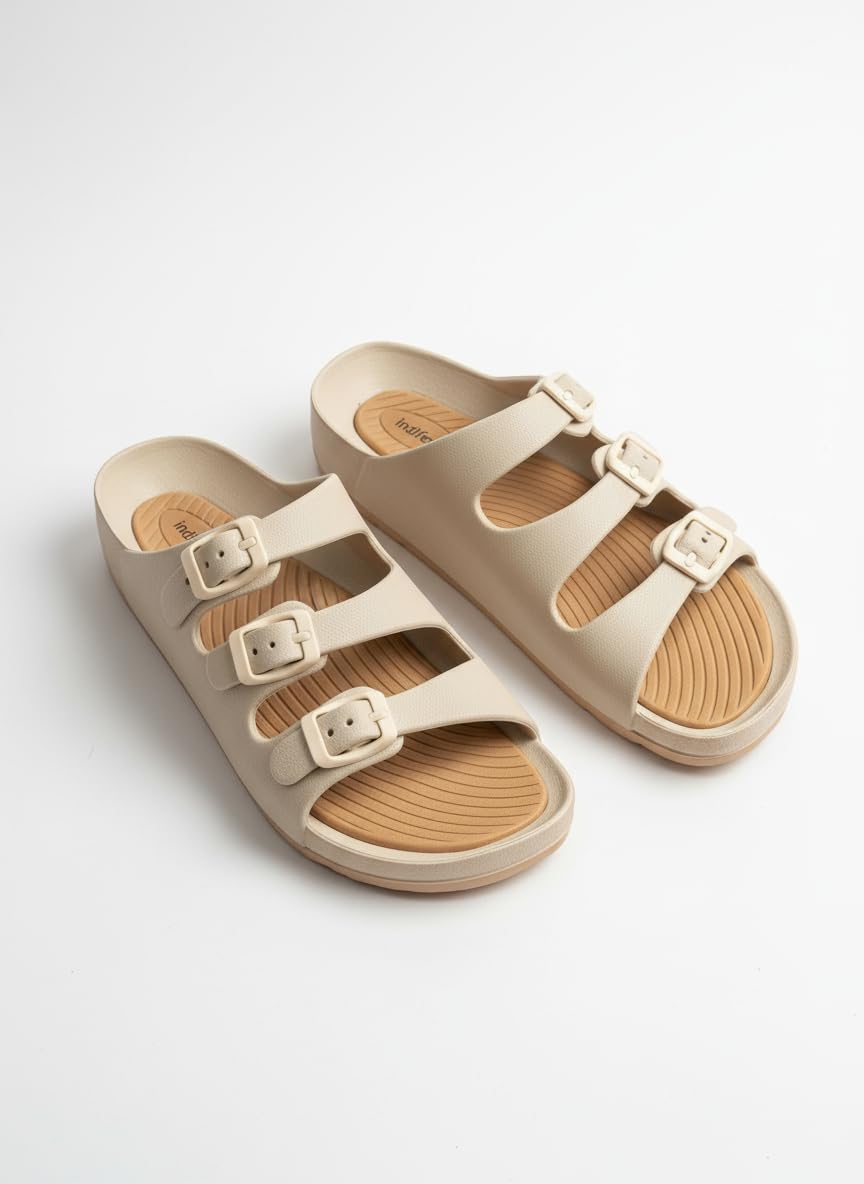 Indifeet Rubber Buckle Sliders for Women - Cream - View 4