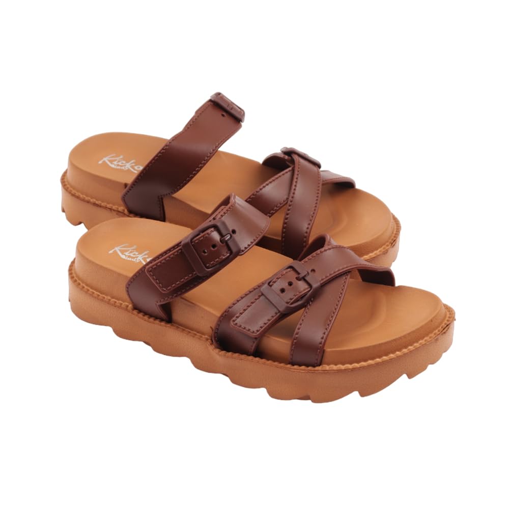 Indifeet Open Toe Buckle Sliders for Women - Brown - Image 5