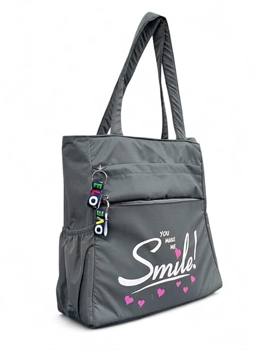 Buddy Cares Smile Shoulder Bag for Women – Tote Bag with "You Make Me Smile" Print – Detail View