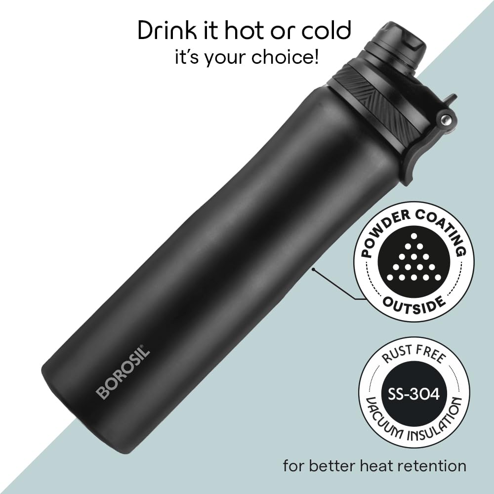 Borosil 800ml  Aquasport Stainless Steel Bottle with Straw & Sipper Lid | 10 Hrs Hot & Cold Made in India Double Wall Vacuum Flask | Office, School, Gym & Travel | 1 Year Warranty