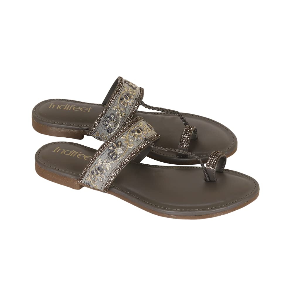 Indifeet Kolhapuri Flat Chappals for Women - Grey - View 5