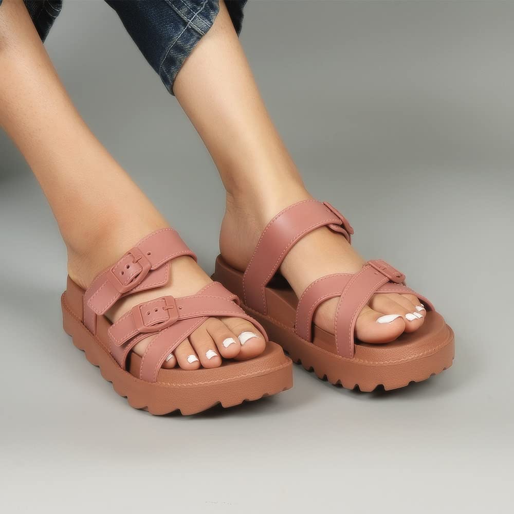 Indifeet Open Toe Buckle Sliders for Women - Pink - Image 24