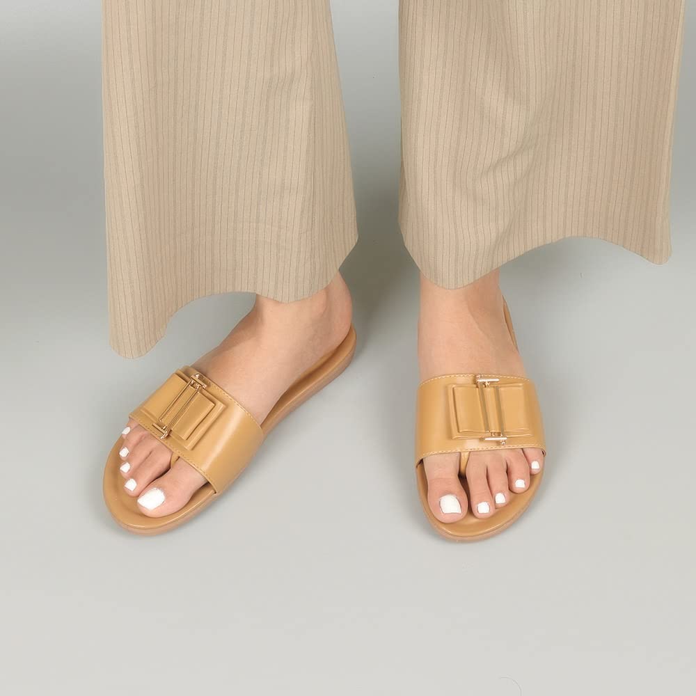 Indifeet Flat Buckle Sliders for Women - Mustard - View 3
