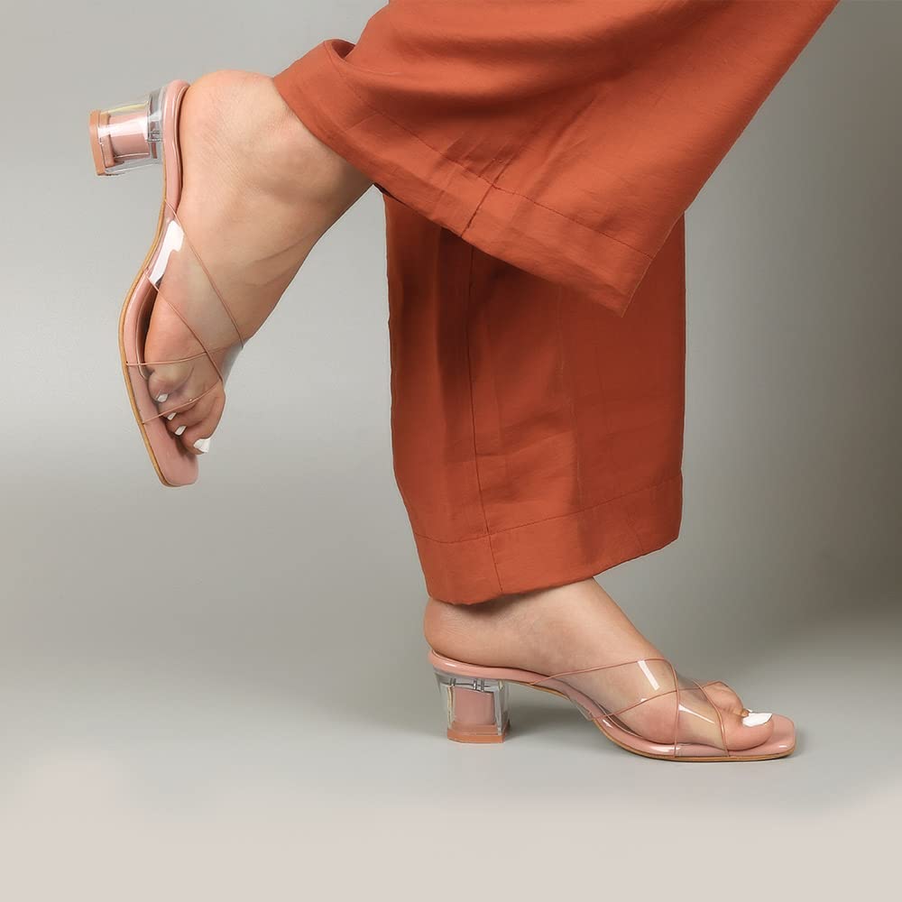 Indifeet Transparent Cross Strap Block Heels - Peach - View 3