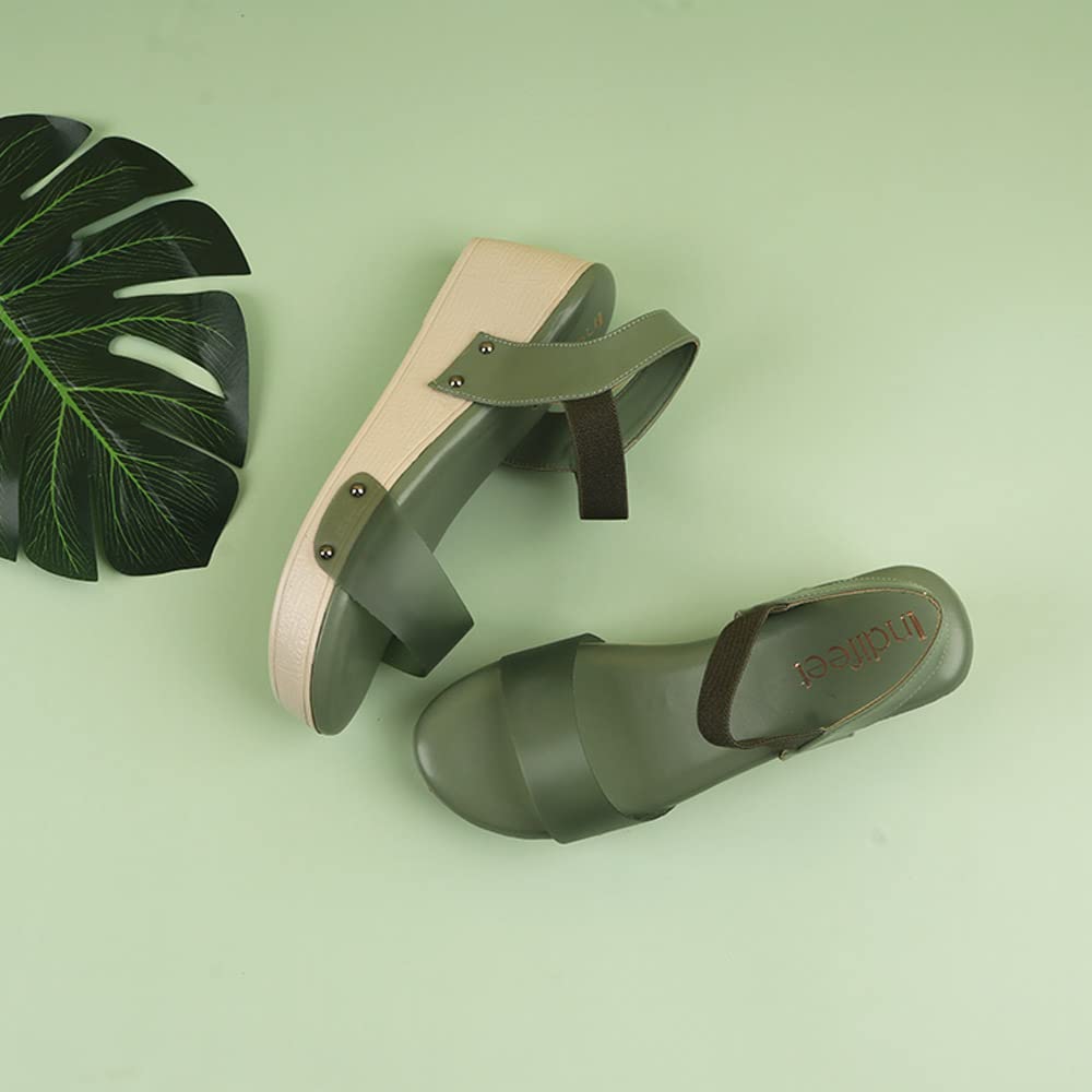 Indifeet Ankle Strap Platform Wedge Heel Sandals - Green - View 2