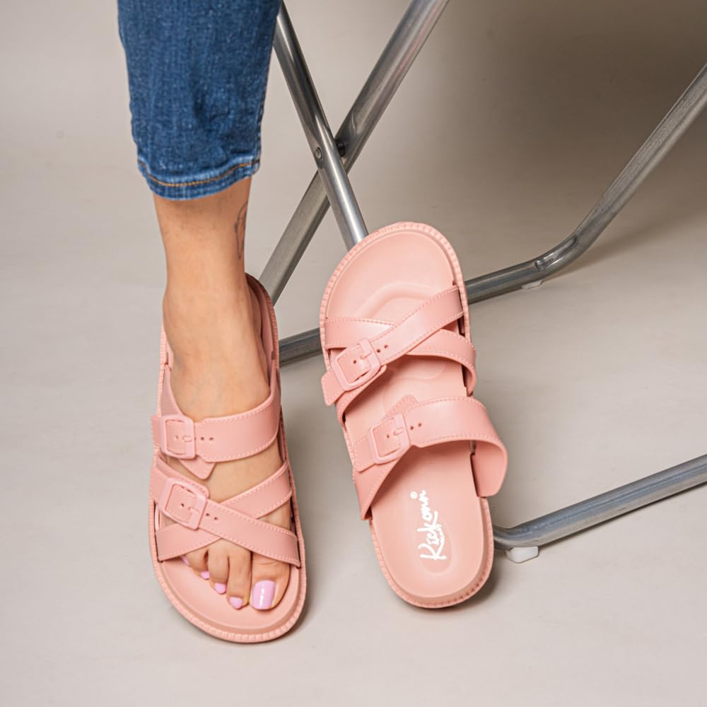 Indifeet Open Toe Buckle Sliders for Women - Peach - Image 21