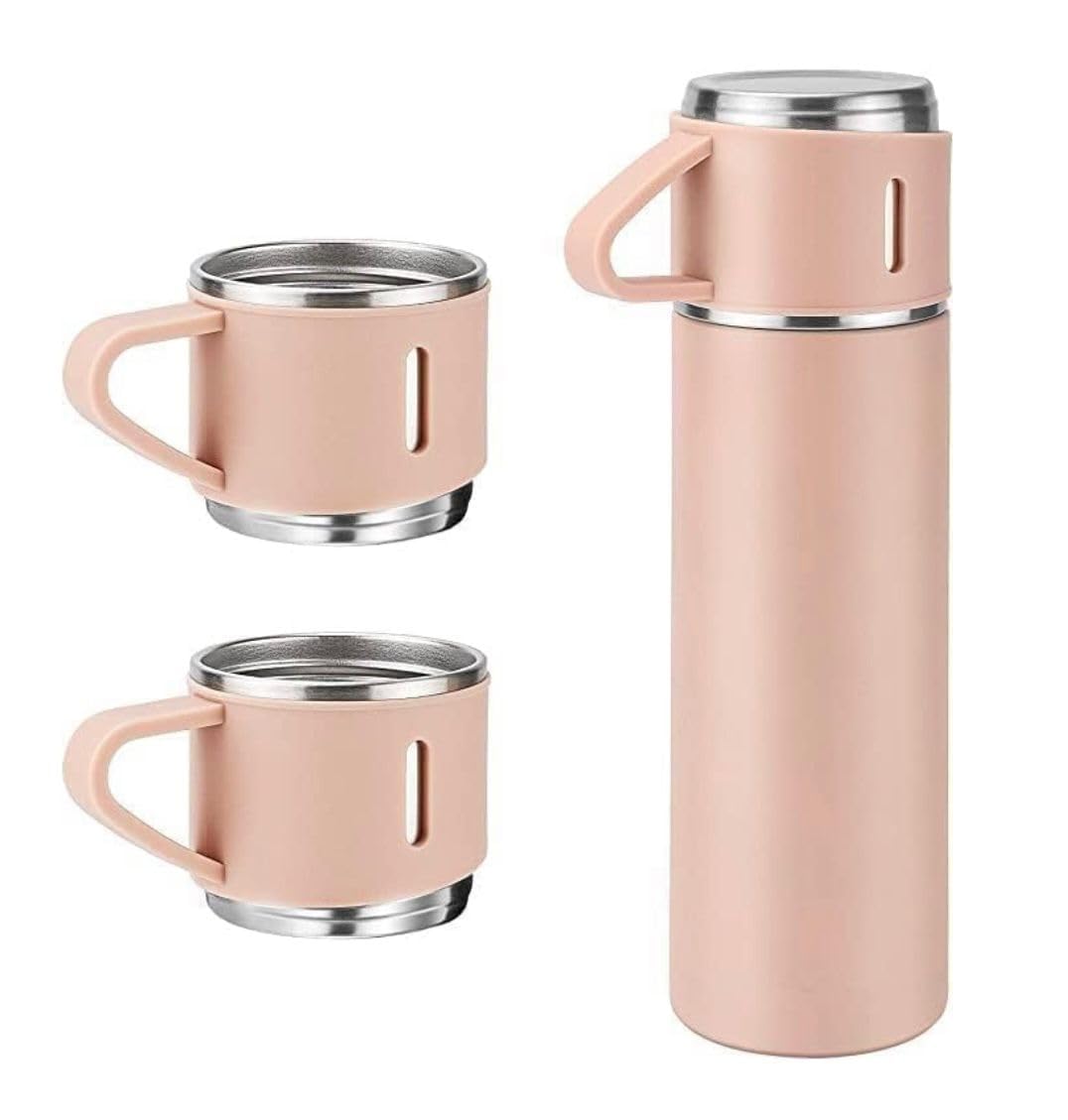 Insulated Double Wall Stainless Steel Tea & Coffee Flask With 3 Cups, Hot & Cold Thermal Bottle (Peach Color)