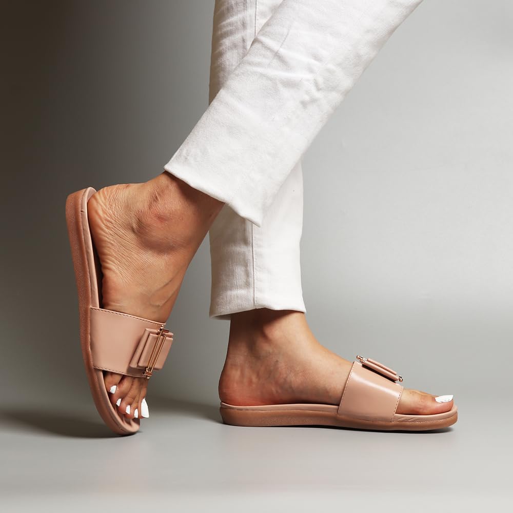 Indifeet Flat Buckle Sliders for Women - Nude - View 3
