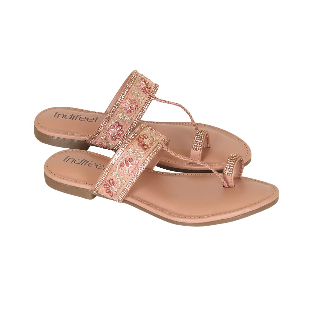 Indifeet Kolhapuri Flat Chappals for Women - Peach - View 5