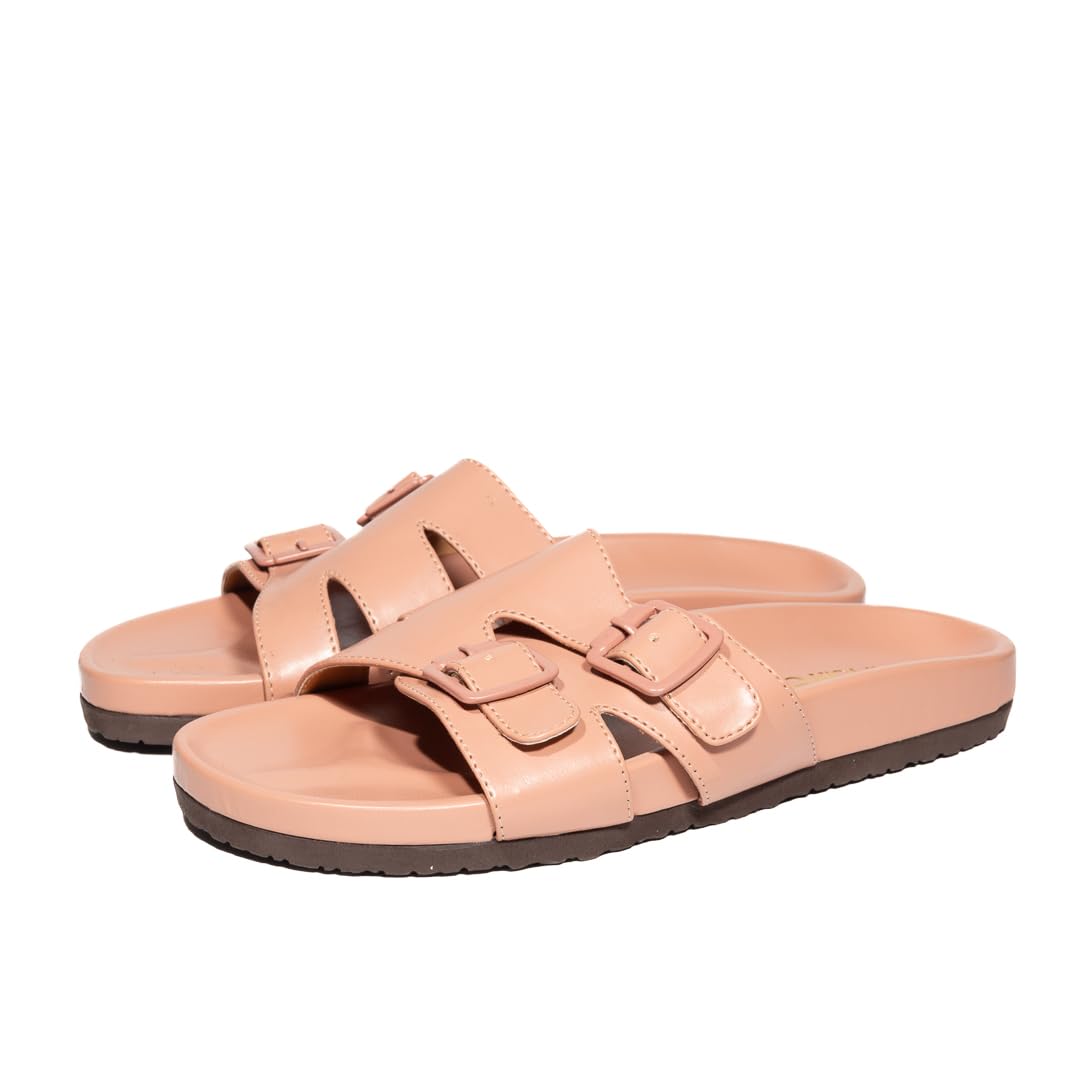 Indifeet Stylish Double Strap Buckle Sliders for Women - Peach - Size 8
