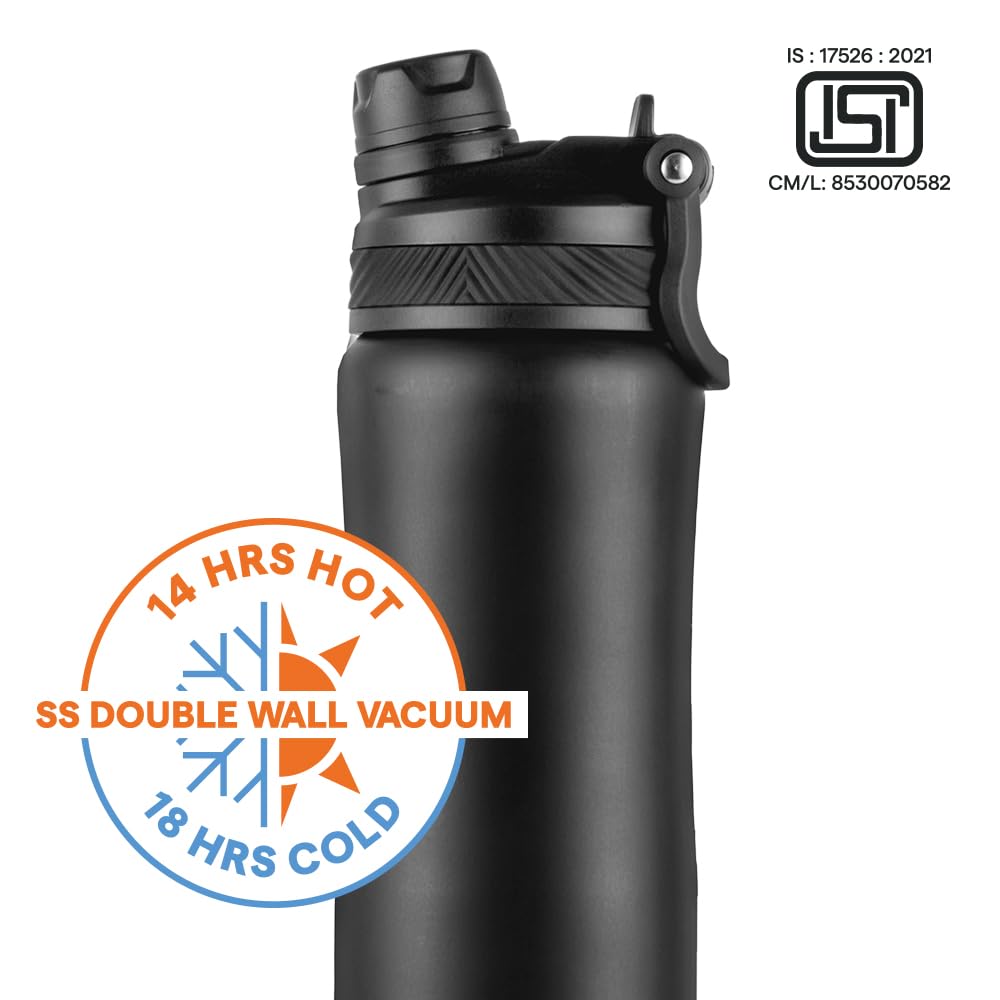 Borosil 800ml  Aquasport Stainless Steel Bottle with Straw & Sipper Lid | 10 Hrs Hot & Cold Made in India Double Wall Vacuum Flask | Office, School, Gym & Travel | 1 Year Warranty