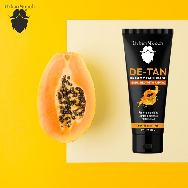 UrbanMooch Tan Removal Face Wash for Men | UrbanMooch DeTan Face Wash with Papaya Extract | Anti-Blemish, Oil-Free Daily Cleanser for Bright & Even Skin | Removes Dirt, Oil & Sun Tan – 100 ml Lohiya Retails