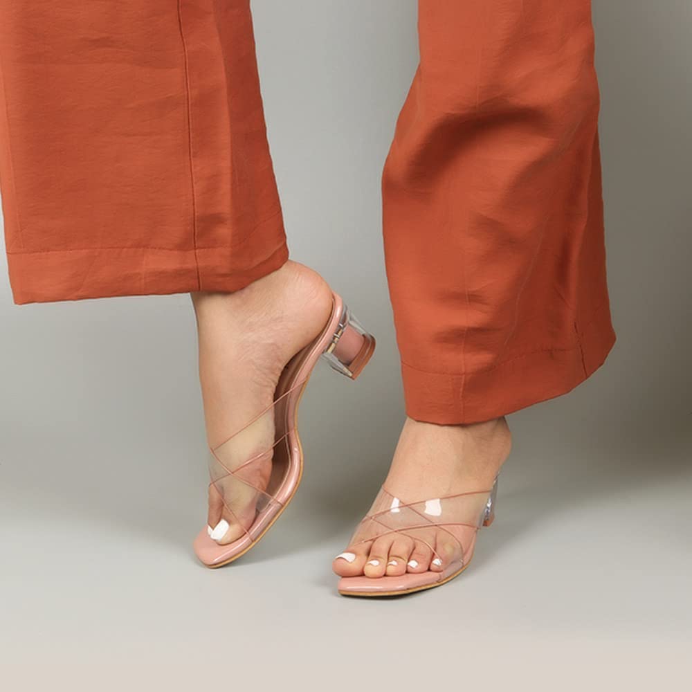 Indifeet Transparent Cross Strap Block Heels - Peach - View 4