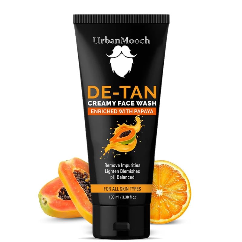 UrbanMooch Tan Removal Face Wash for Men | UrbanMooch DeTan Face Wash with Papaya Extract | Anti-Blemish, Oil-Free Daily Cleanser for Bright & Even Skin | Removes Dirt, Oil & Sun Tan – 100 ml Lohiya Retails