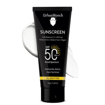No White Cast Sunscreen for Men SPF 50 PA+++ | UrbanMooch Daily Sunscreen with Niacinamide & Retinol | Lightweight, Non-Greasy, Acne-Safe & Quick Absorbing | Broad Spectrum UV Protection – 50 g Lohiya Retails